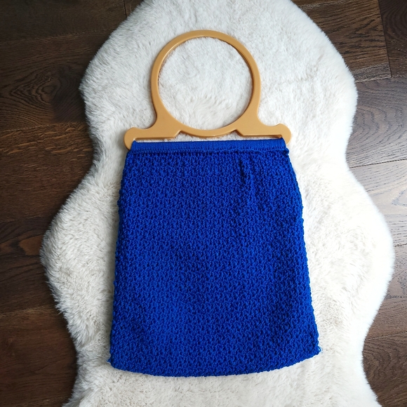 Vintage Crochet 1970s Handmade Knit Unique Royal Blue Hobo Bag Purse - Picture 1 of 9